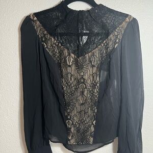 bebe Black and Cream Lace Silk Blouse